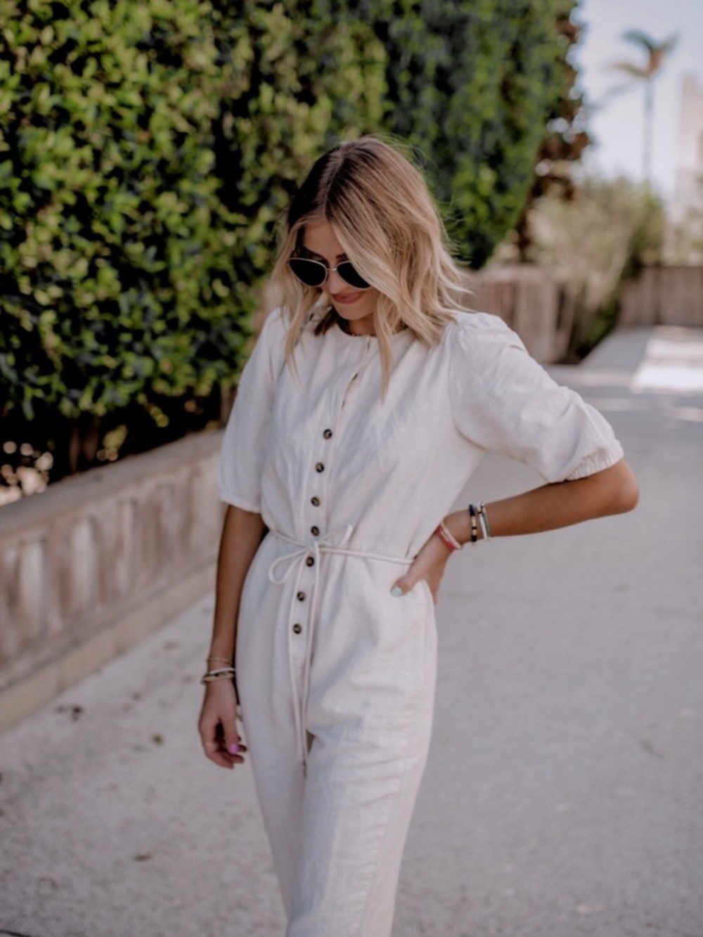 Madewell Women's Linen Blend Jumpsuit Puff-Sleeve Tassel-Tie Ivory Sz Medium NWT